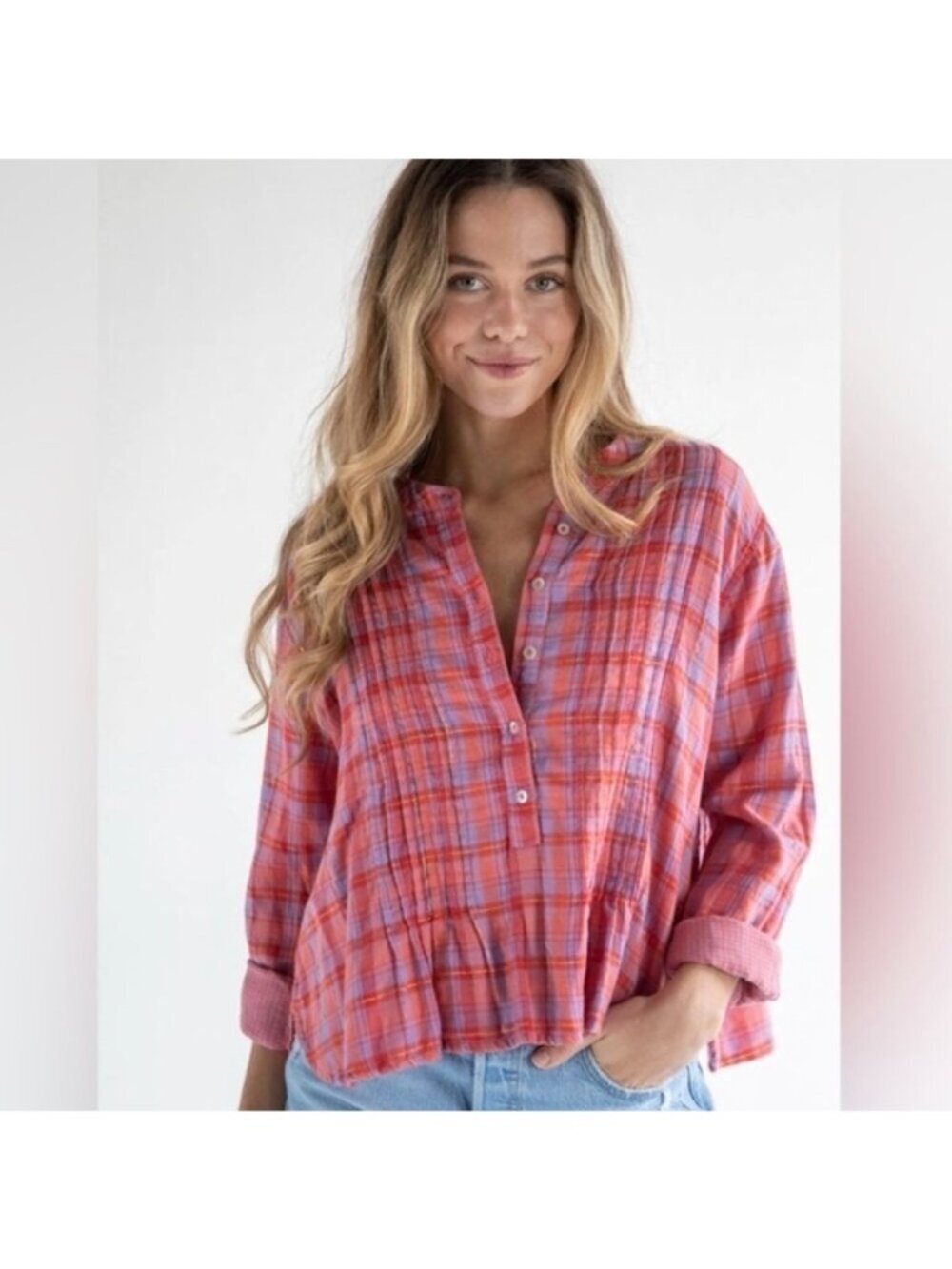 Natural Life Montana Top Pink Plaid Button Up Boxy Fit Cotton Gauze Boho Large